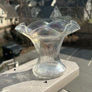 Antique Bohemian Paneled Czech Republic Clear Iridescent Ruffled Art Glass Vase